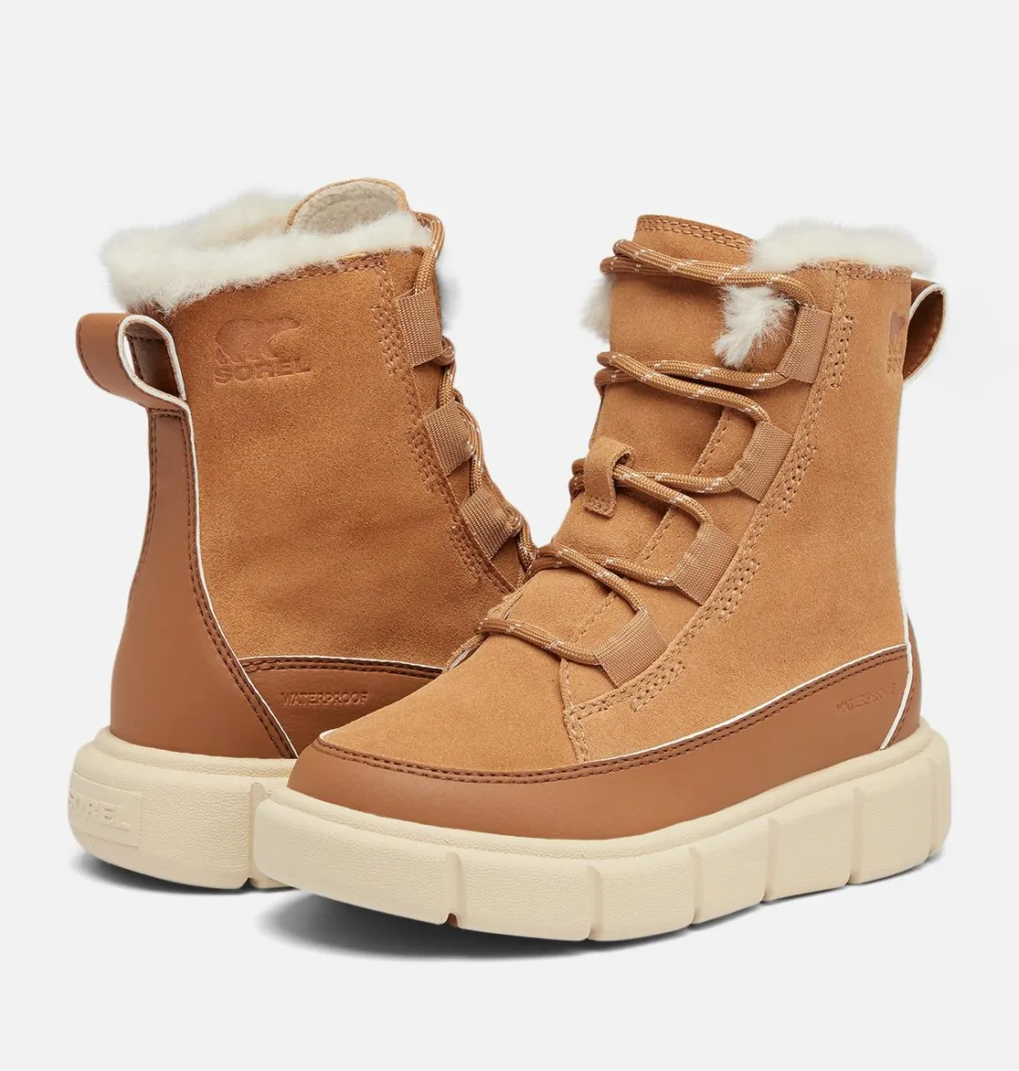 SOREL EXPLORER™ III Lace Children's Waterproof Boot Tawny Buff, Bleached Ceramic Outlet